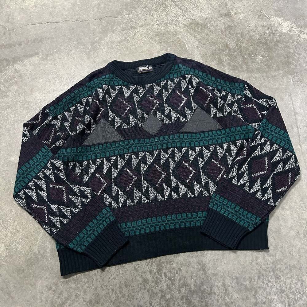 Vintage Impact Geometric Pattern Knit Crewneck Sweater Leather Trim Size 2XL